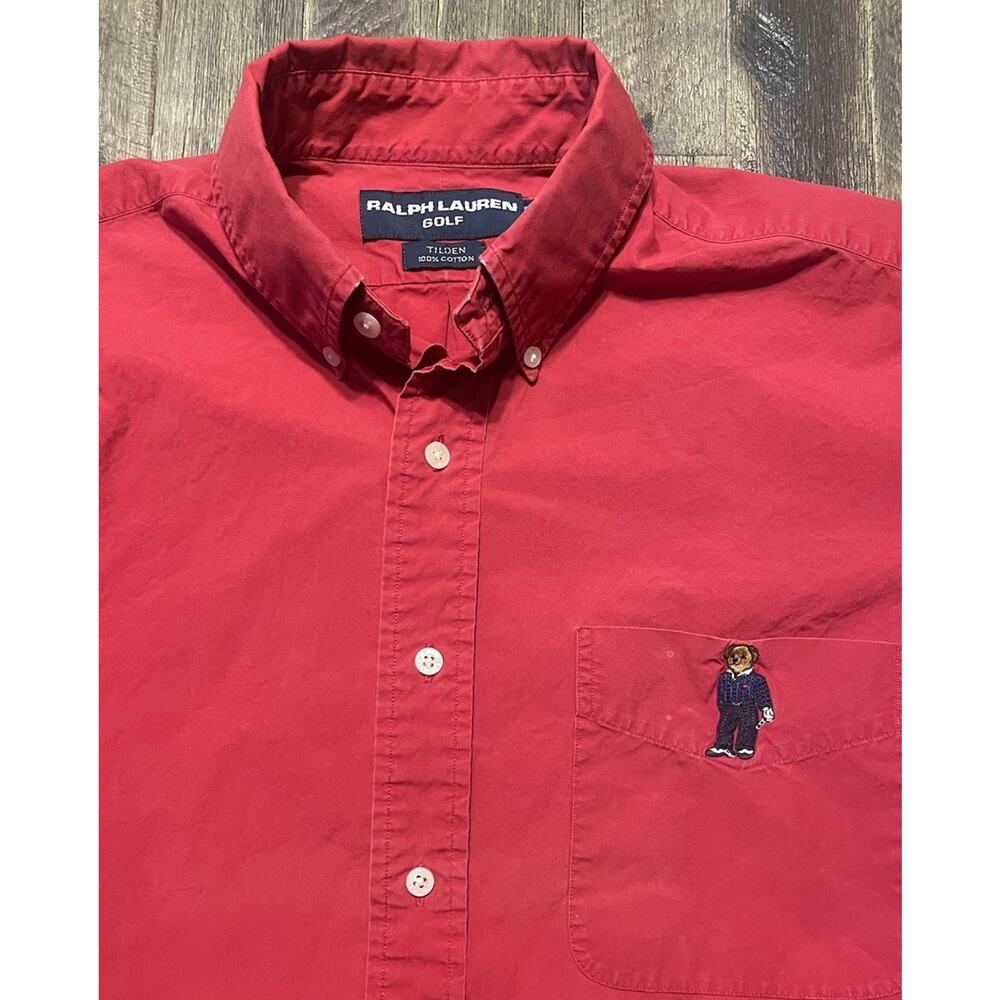 Polo Ralph Lauren Tilden Button Down Shirt Mens Medium Red Polo Bear Golf 90s - Picture 1 of 12